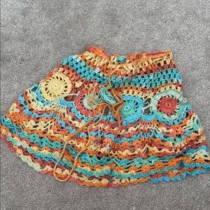 Blue and Orange Mini Skater Skirt with Tie Front